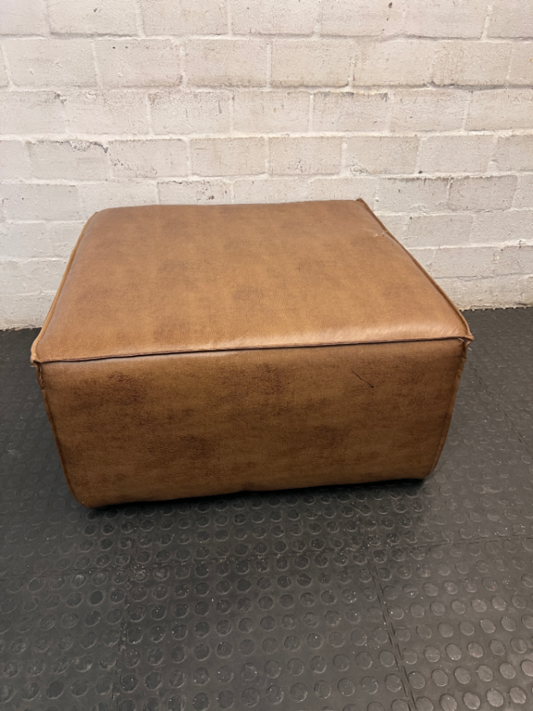 Square Brown Faux Leather Ottoman — Tear in Top and Marker Stains - 2ndhandwarehouse.com