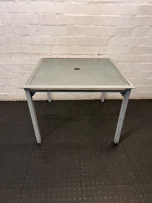 Square Glass-Top Patio Table - Visible Weathering to Frame - 2ndhandwarehouse.com