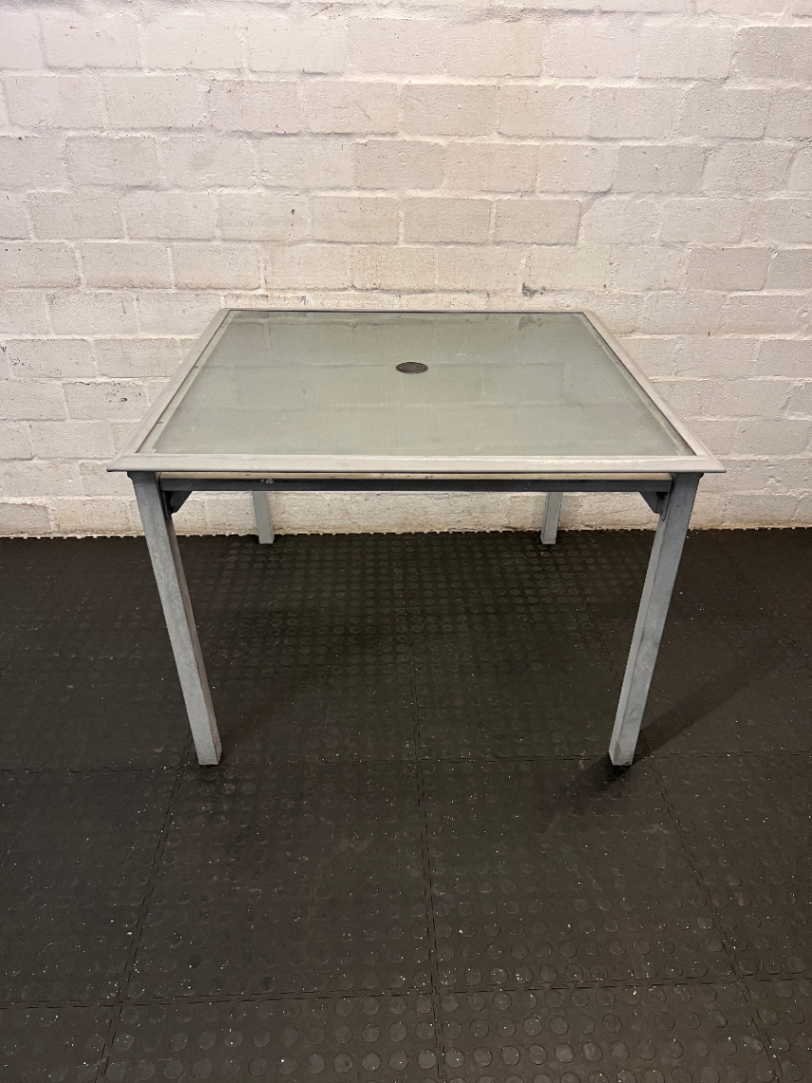 Square Glass-Top Patio Table - Visible Weathering to Frame - 2ndhandwarehouse.com