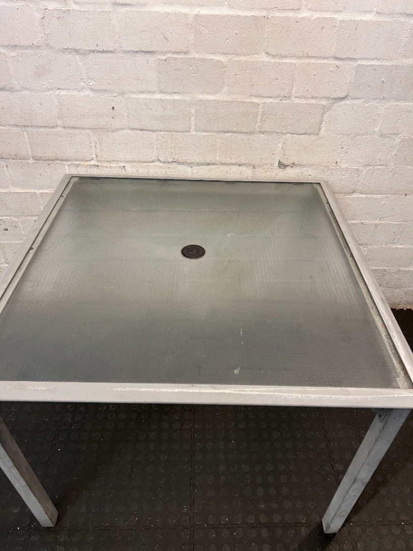 Square Glass-Top Patio Table - Visible Weathering to Frame - 2ndhandwarehouse.com