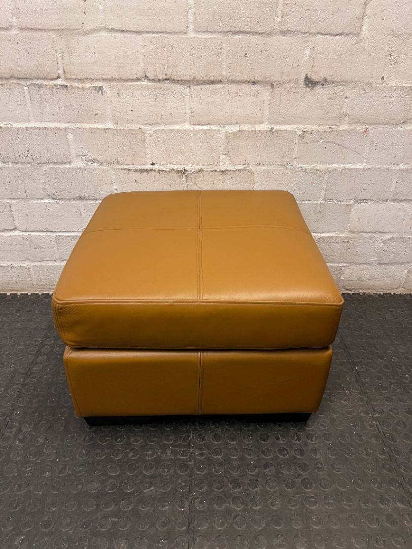Square Tan Upholstered Ottoman with Block Feet — Good Used Condition