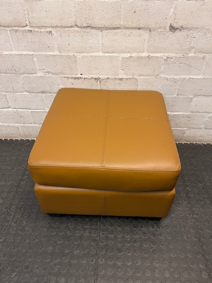 Square Tan Upholstered Ottoman with Block Feet — Good Used Condition