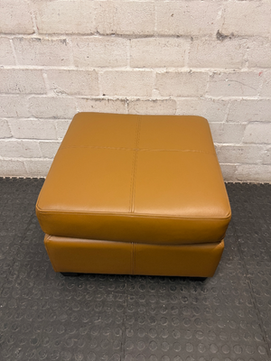 Square Tan Upholstered Ottoman with Block Feet — Good Used Condition