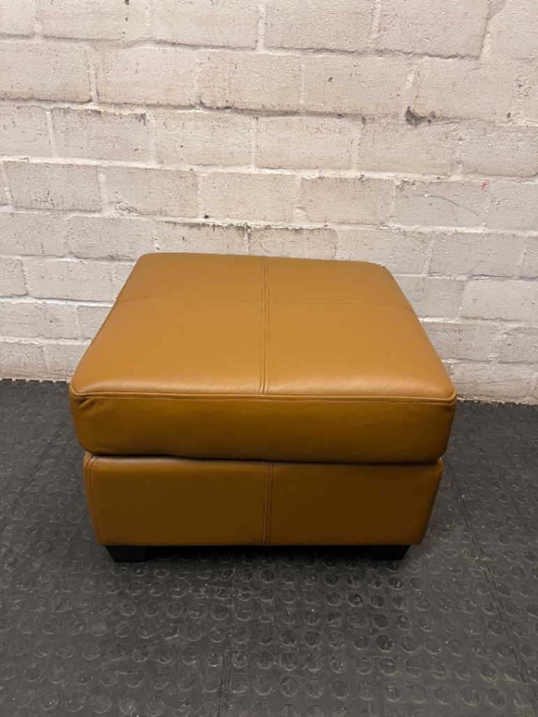 Square Tan Upholstered Ottoman with Block Feet — Good Used Condition