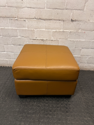 Square Tan Upholstered Ottoman with Block Feet — Good Used Condition