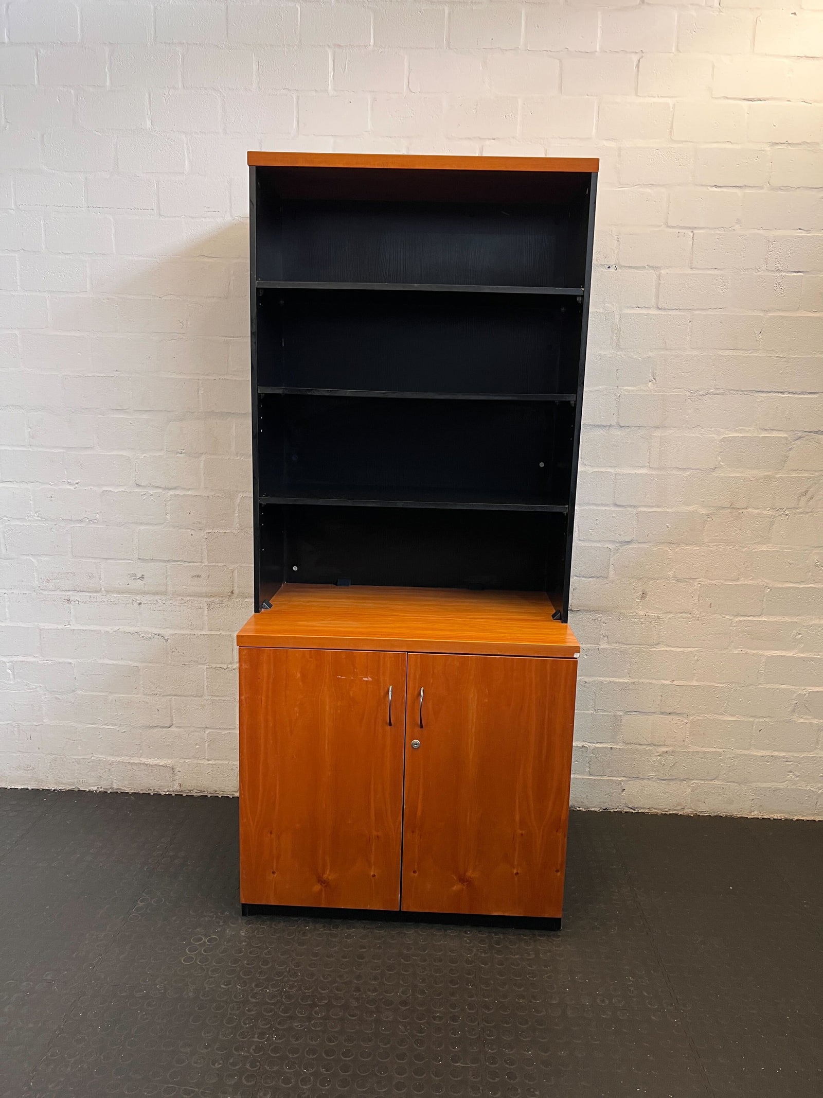 Stylish Black and Wood Two-Tone Bookshelf with Minor Scratches