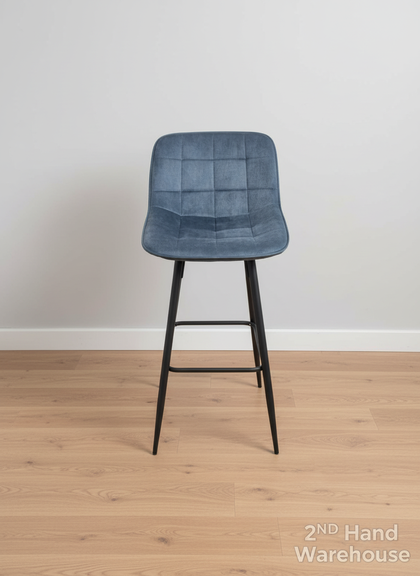 Stylish Blue-Grey Quilted Bar Stool with Black Metal Legs