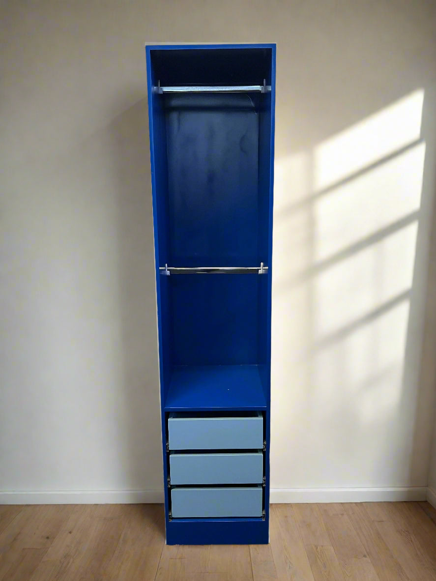Stylish Blue Storage Unit with Drawers and Hanging Rod