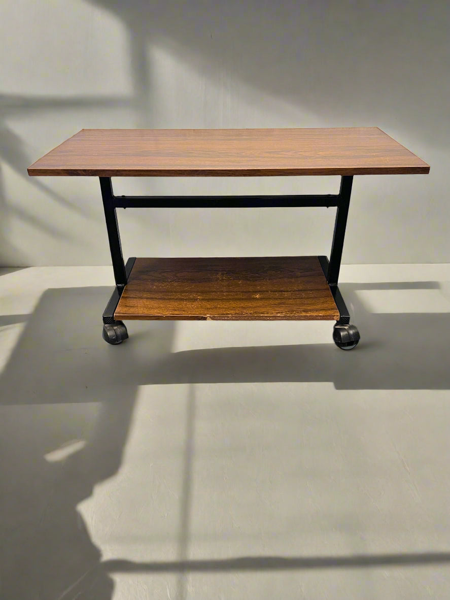 Stylish Brown Wood & Metal Rolling Coffee Table with Lower Shelf