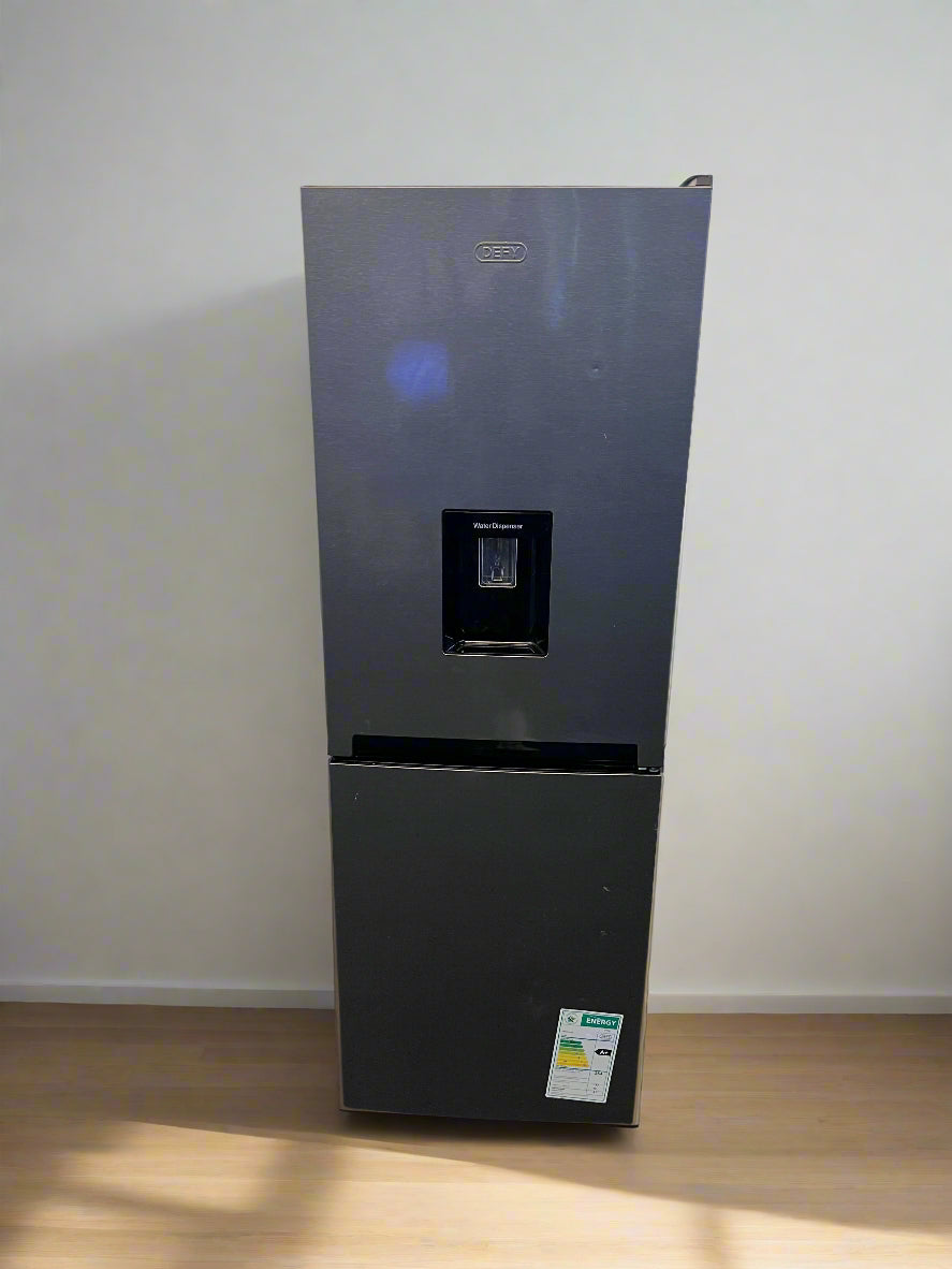 Black refrigerator with water and ice dispenser on a plain white wall.