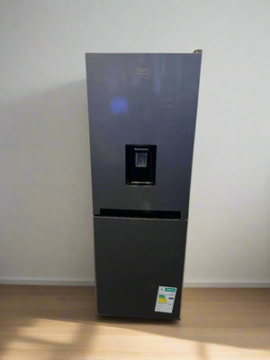 Black refrigerator with water and ice dispenser on a plain white wall.