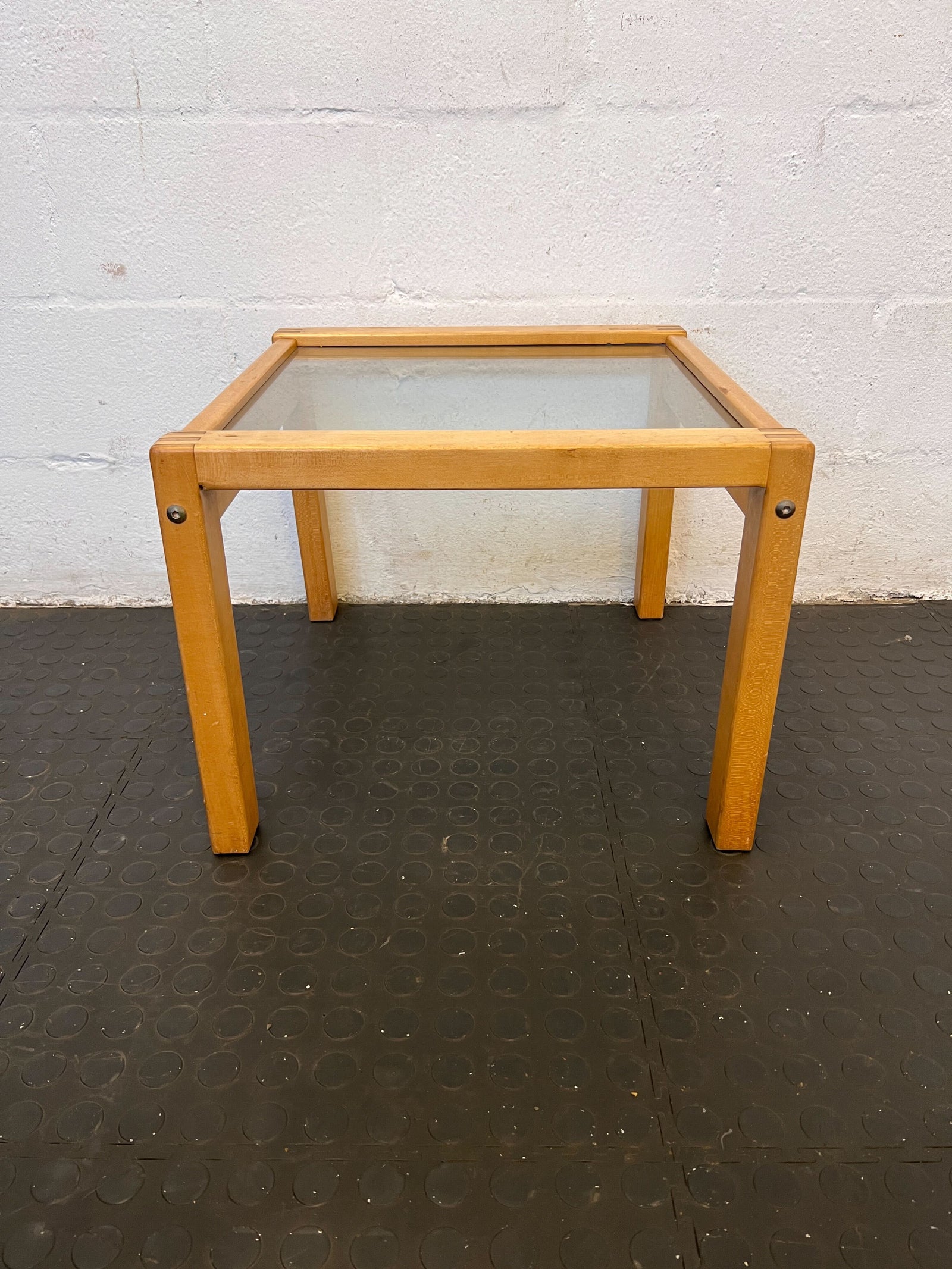 Stylish Glass-Top Wooden Coffee Table with Minor Wear