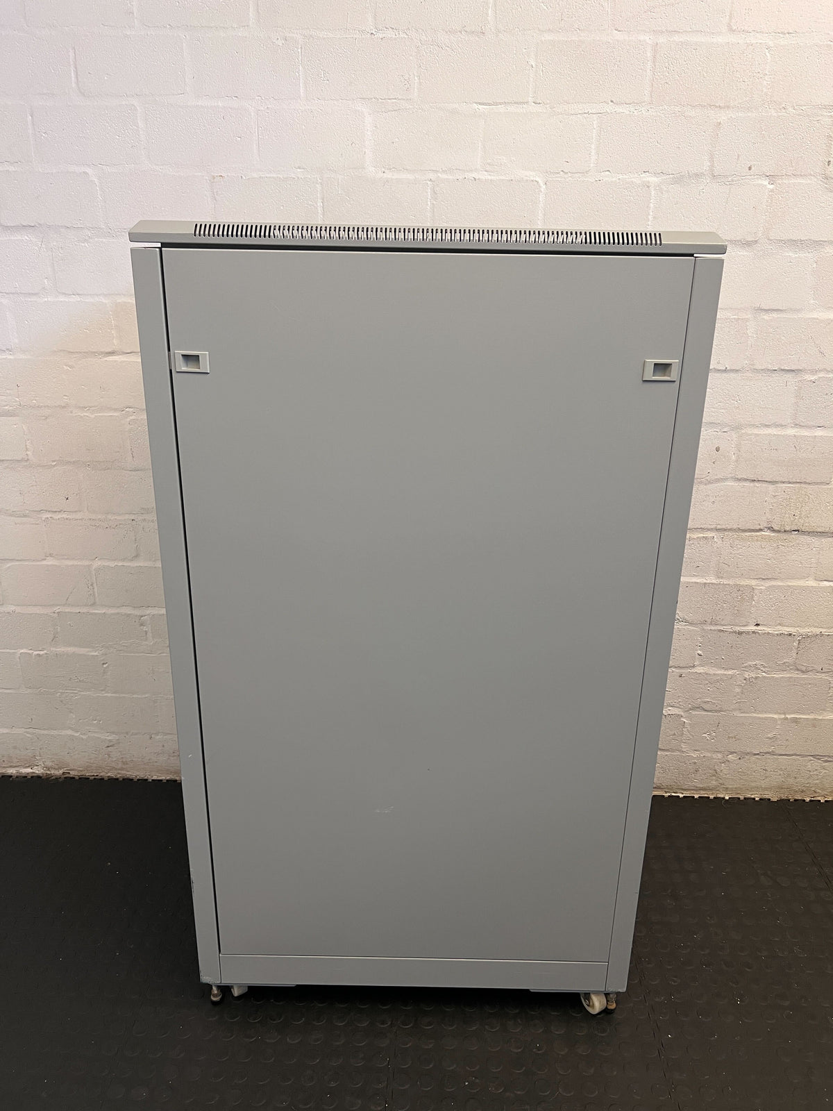 Stylish Gray Metal Storage Cabinet on Wheels with Glass Door - REDUCED