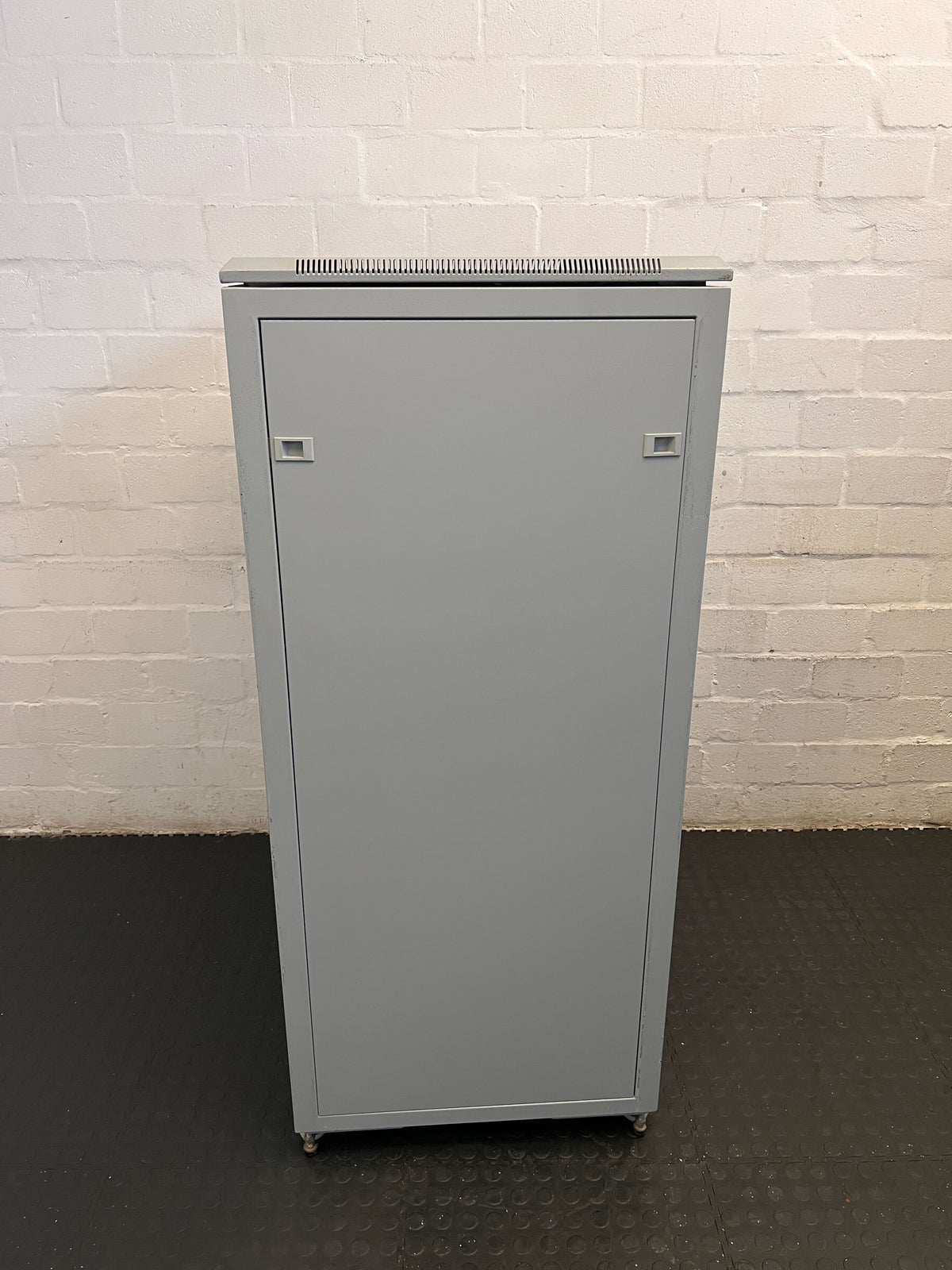 Stylish Gray Metal Storage Cabinet on Wheels with Glass Door - REDUCED