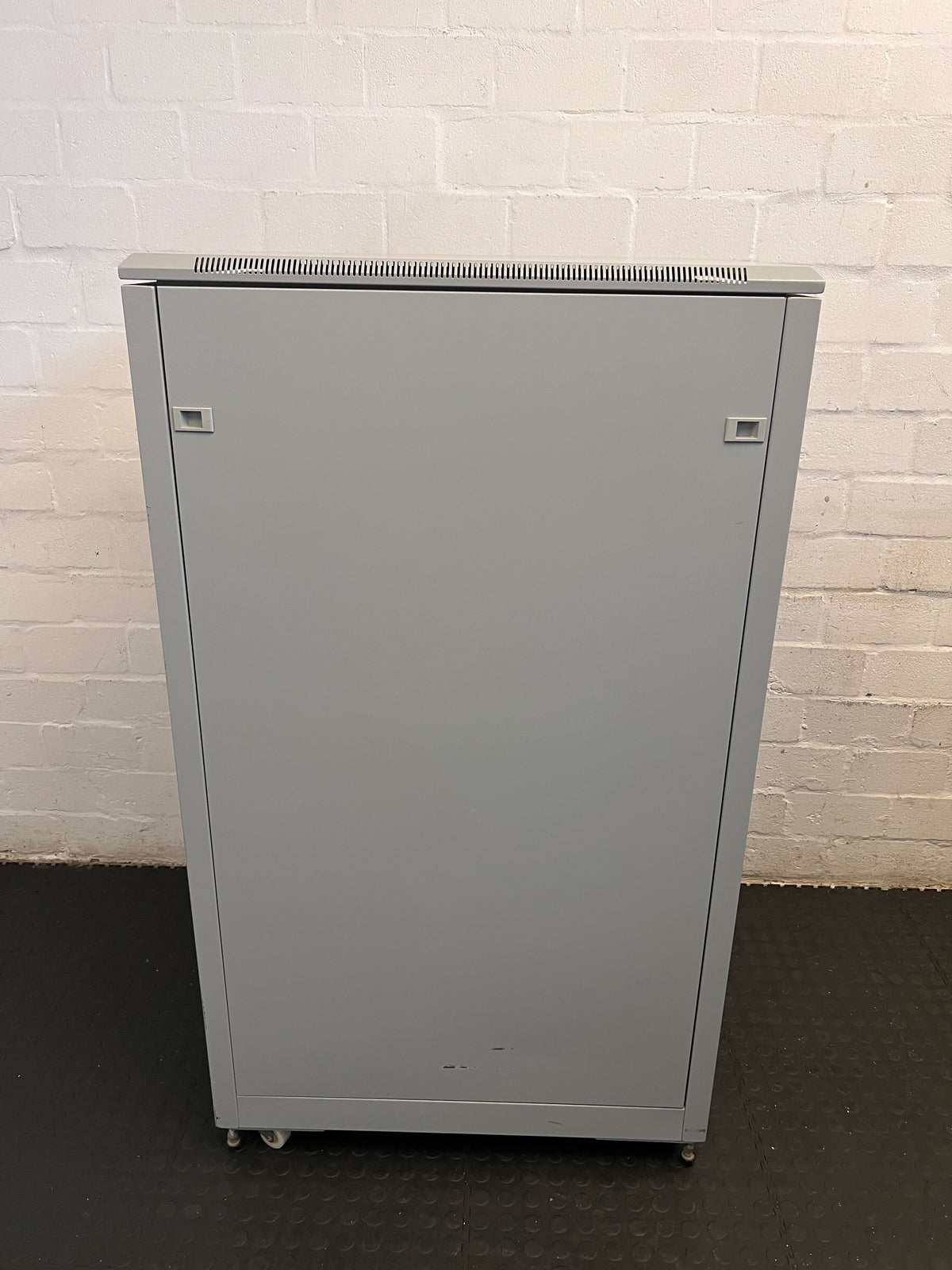 Stylish Gray Metal Storage Cabinet on Wheels with Glass Door - REDUCED