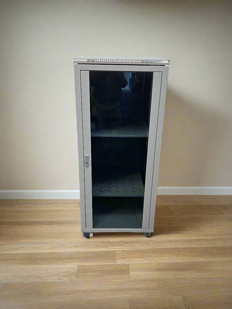 Stylish Gray Metal Storage Cabinet on Wheels with Glass Door - REDUCED