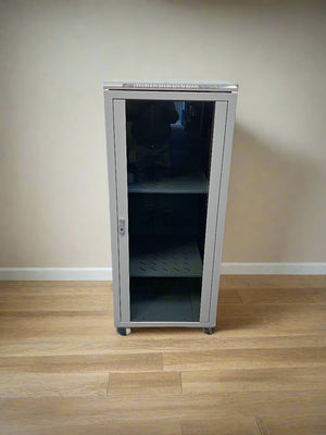 Stylish Gray Metal Storage Cabinet on Wheels with Glass Door - REDUCED