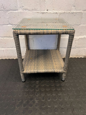 Stylish Gray Wicker Side Table with Glass Top – Minor Wear