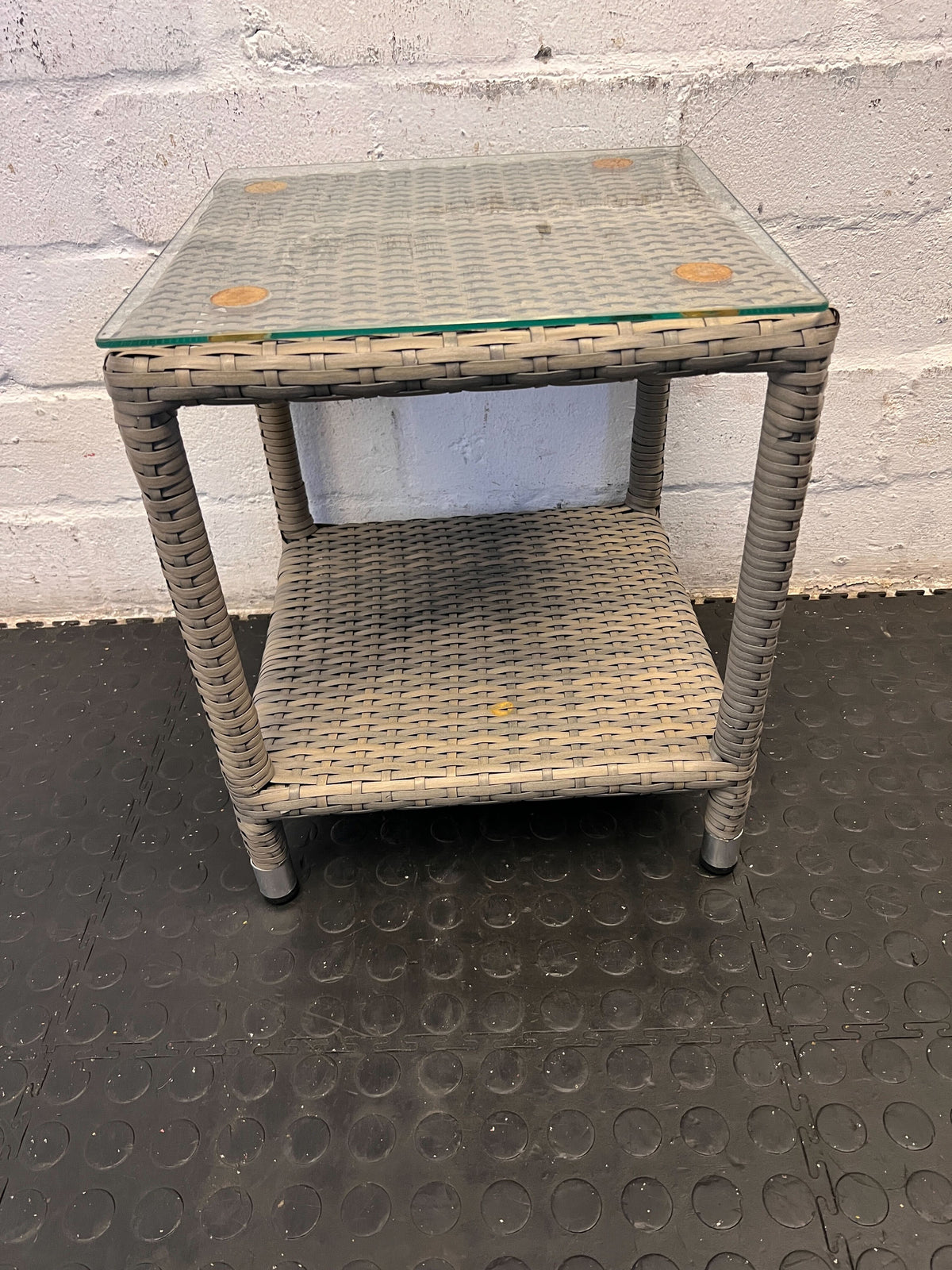 Stylish Gray Wicker Side Table with Glass Top – Minor Wear