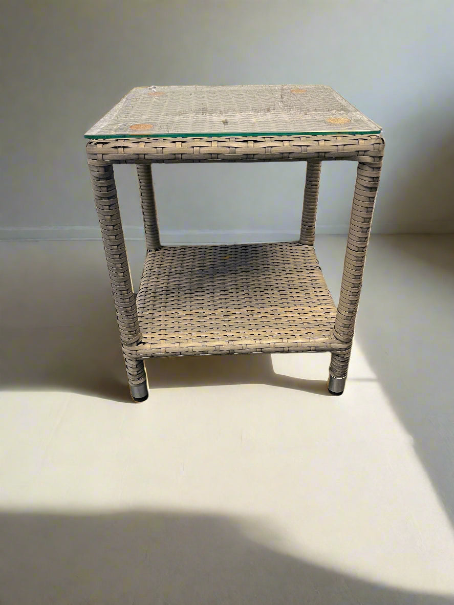 Stylish Gray Wicker Side Table with Glass Top – Minor Wear