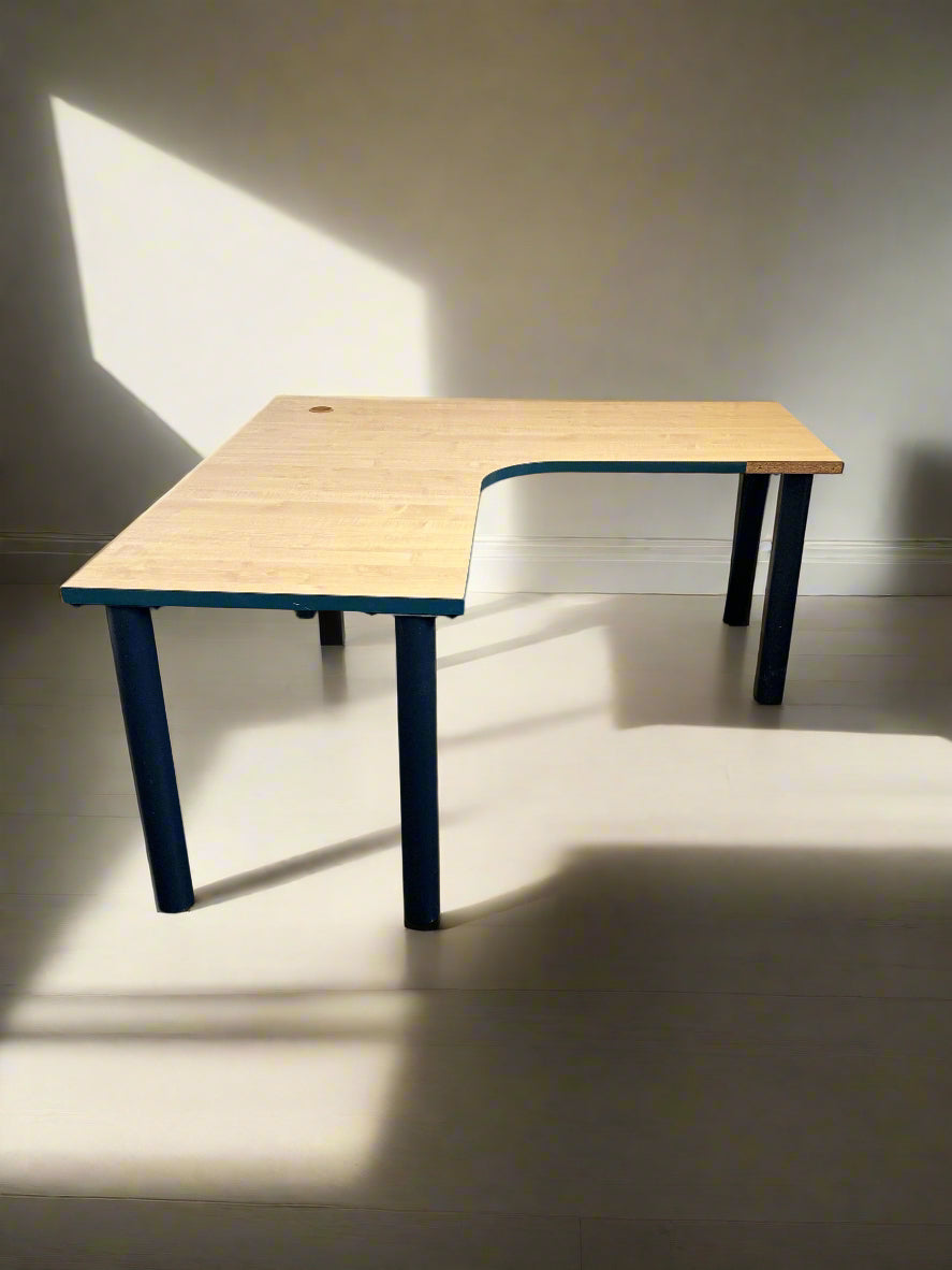 Stylish L-Shaped Wooden Desk with Blue Legs - Minor Wear - PRICE DROP
