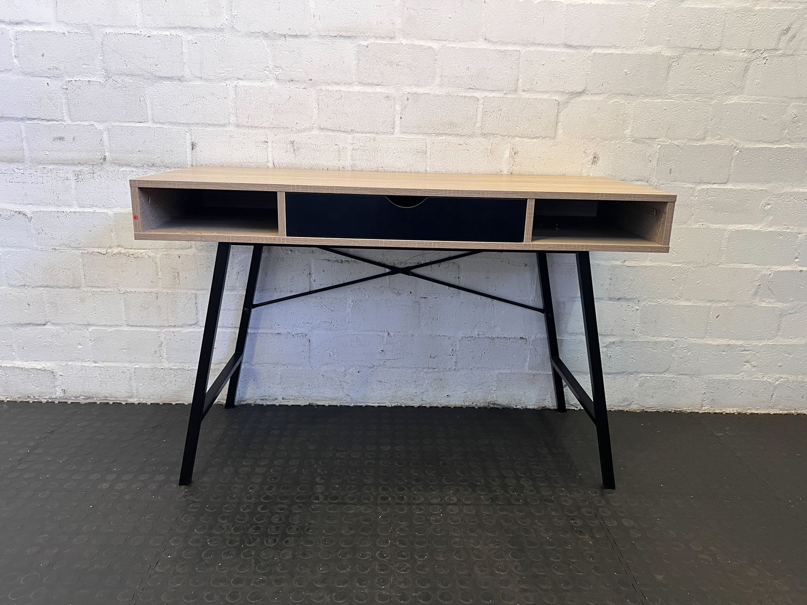 Stylish Oak Desk with Black Metal Frame and Minor Wear