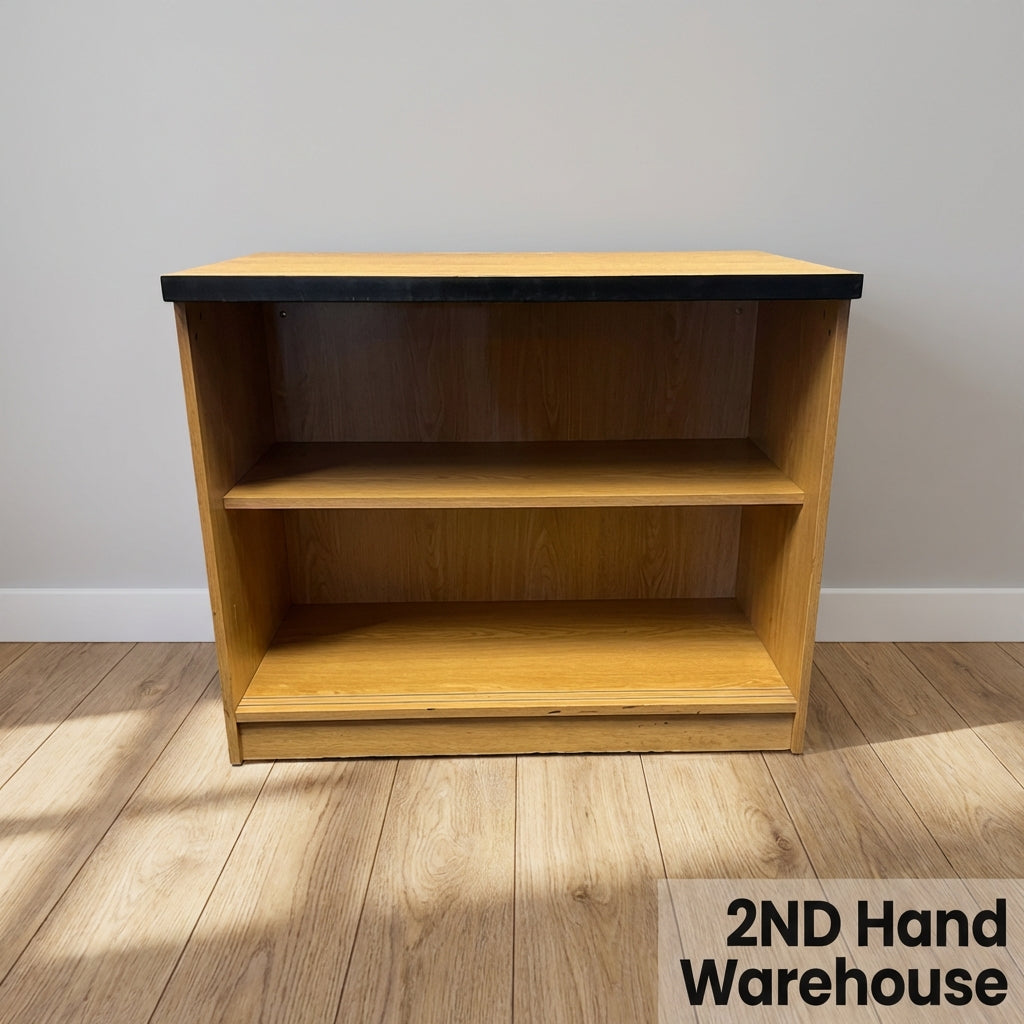 Stylish Oak-Effect Low Bookshelf with Black Trim - 2ndhandwarehouse.com