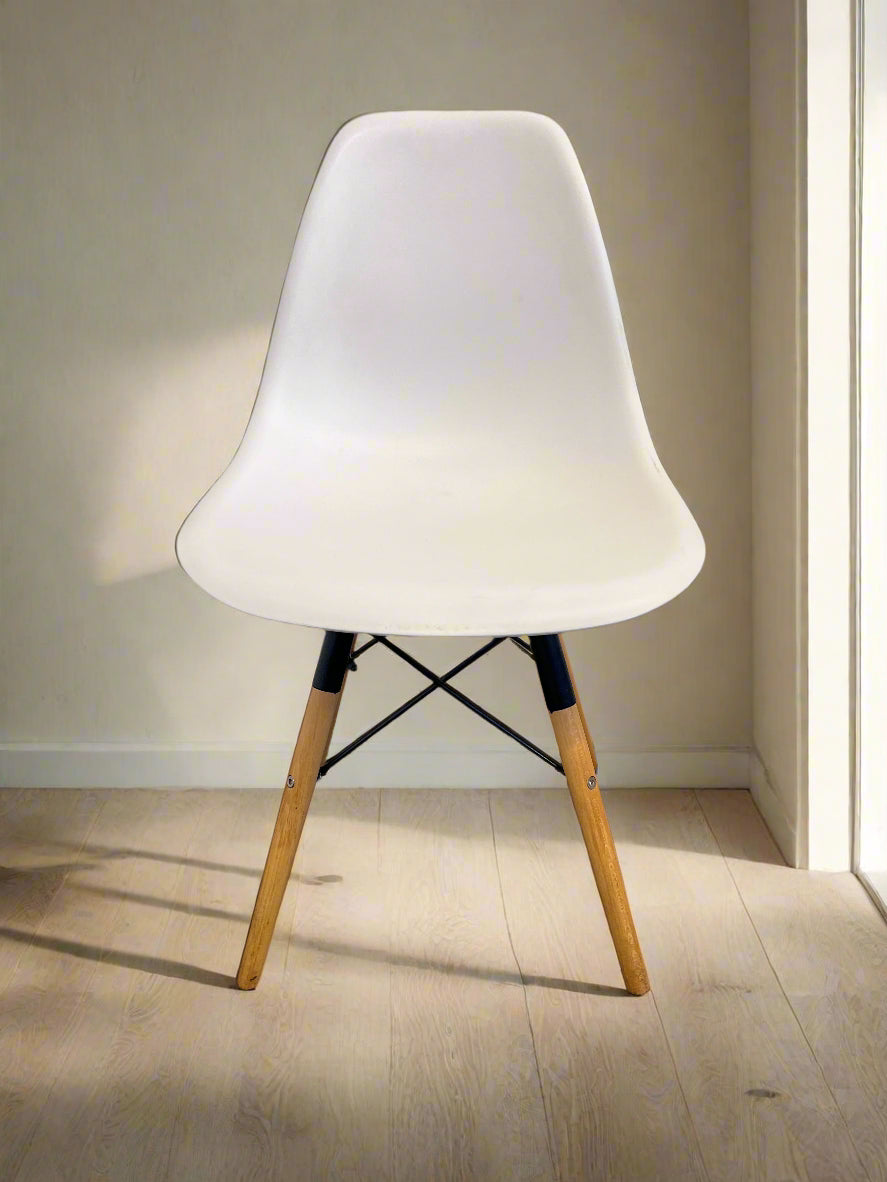 Stylish White Plastic Dining Chair with Wooden Legs