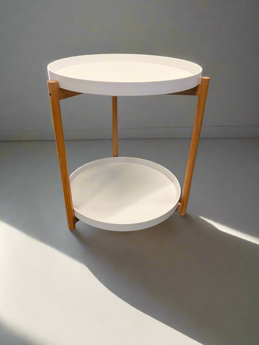 Stylish White and Wood Two-Tier Side Table