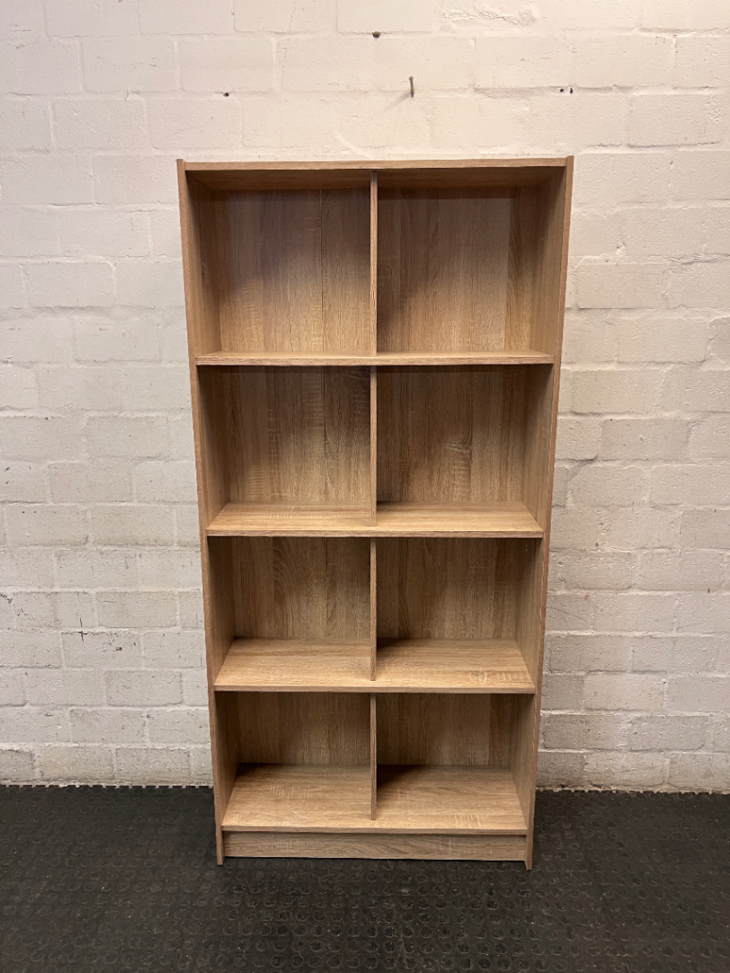 Tall 4-Tier Oak Finish Bookshelf with Central Divider — Good Working Order
