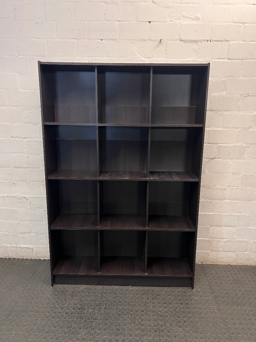 Tall Black 12-Compartment Shelving Unit — Fair Condition with Visible Surface Wear