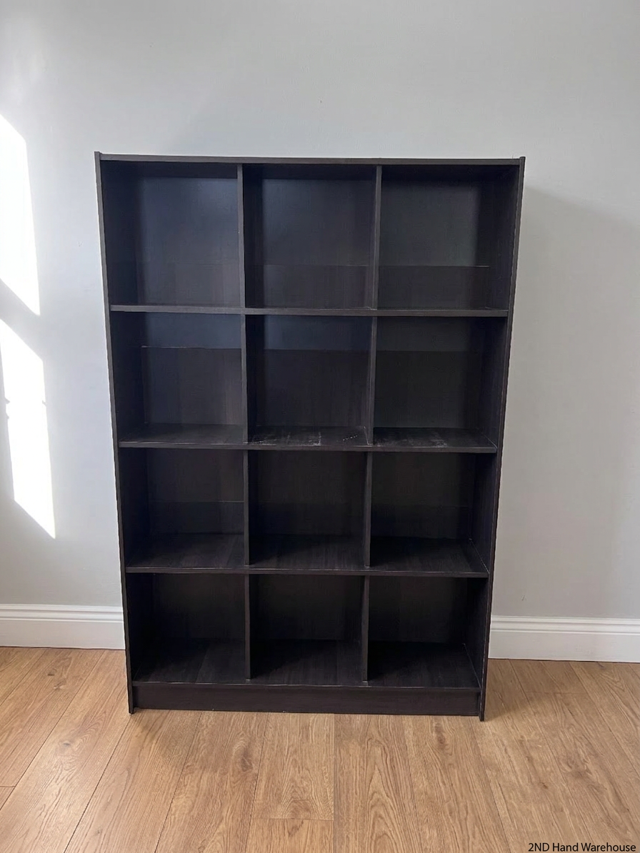 Tall Black 12-Compartment Shelving Unit — Fair Condition with Visible Surface Wear