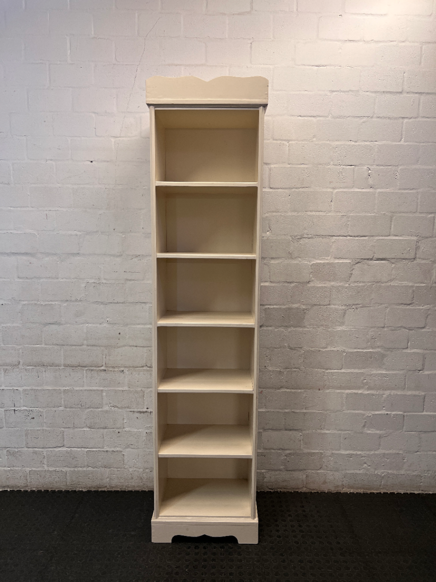 Tall Slender White Bookshelf with Scalloped Detail — Fair Used Condition