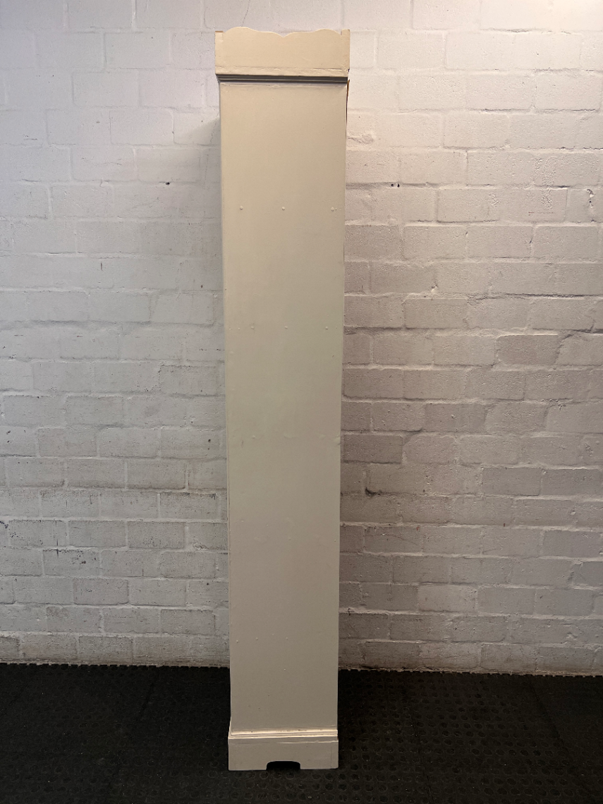Tall Slender White Bookshelf with Scalloped Detail — Fair Used Condition