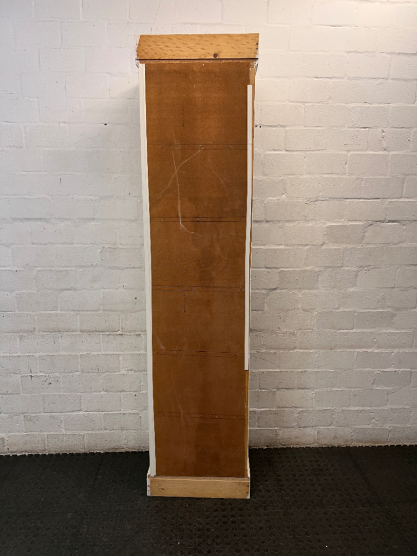 Tall Slender White Bookshelf with Scalloped Detail — Fair Used Condition