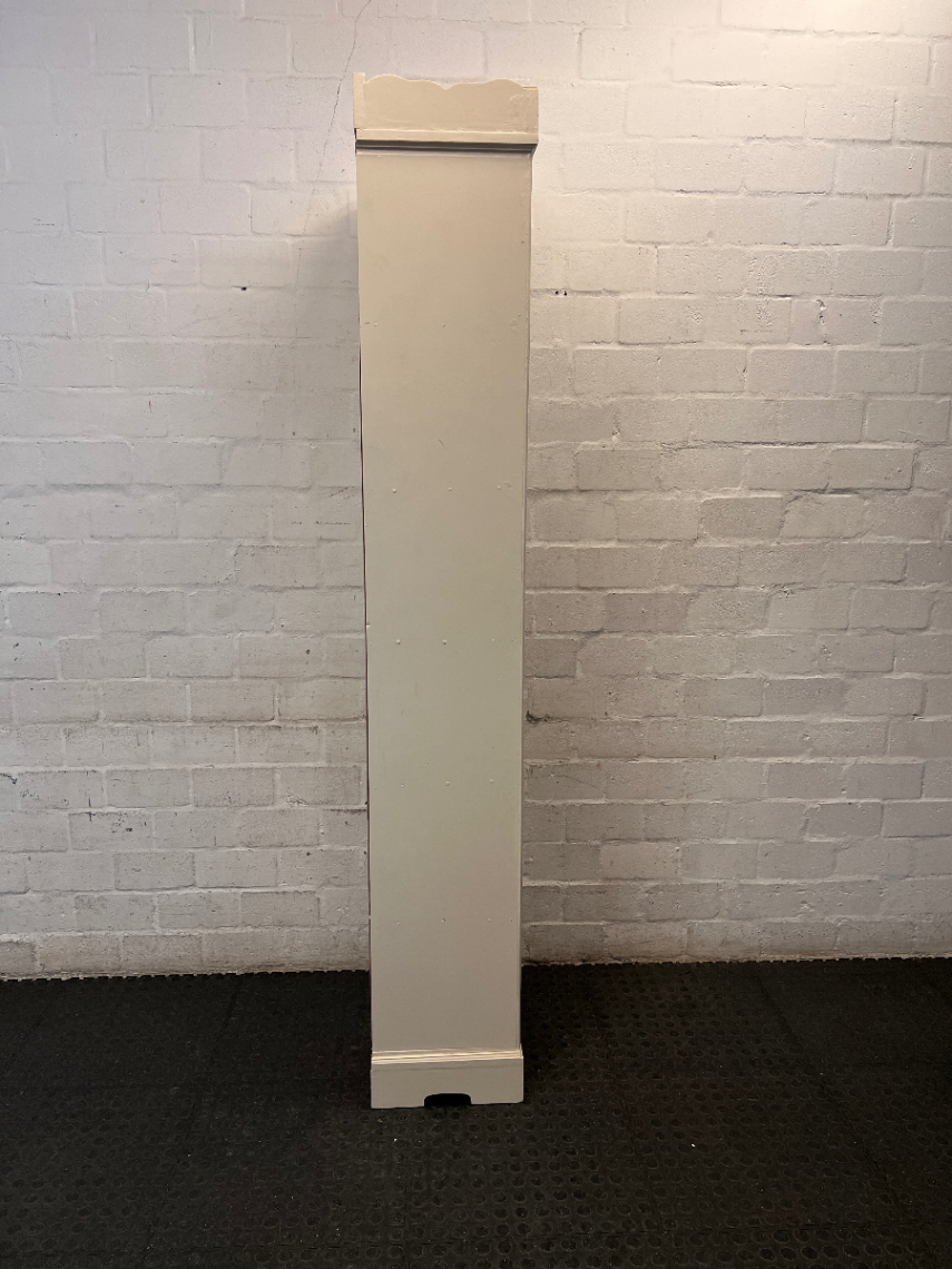 Tall Slender White Bookshelf with Scalloped Detail — Fair Used Condition
