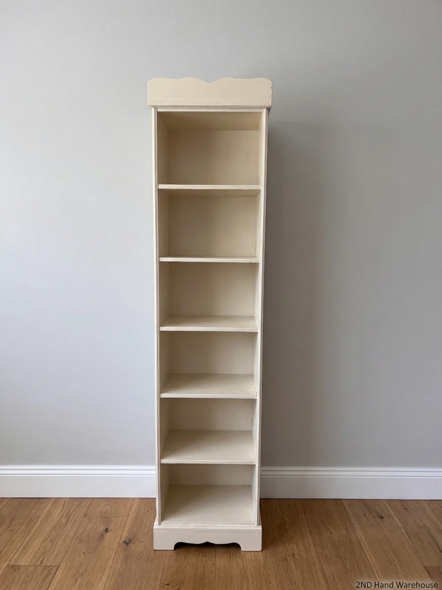 Tall Slender White Bookshelf with Scalloped Detail — Fair Used Condition