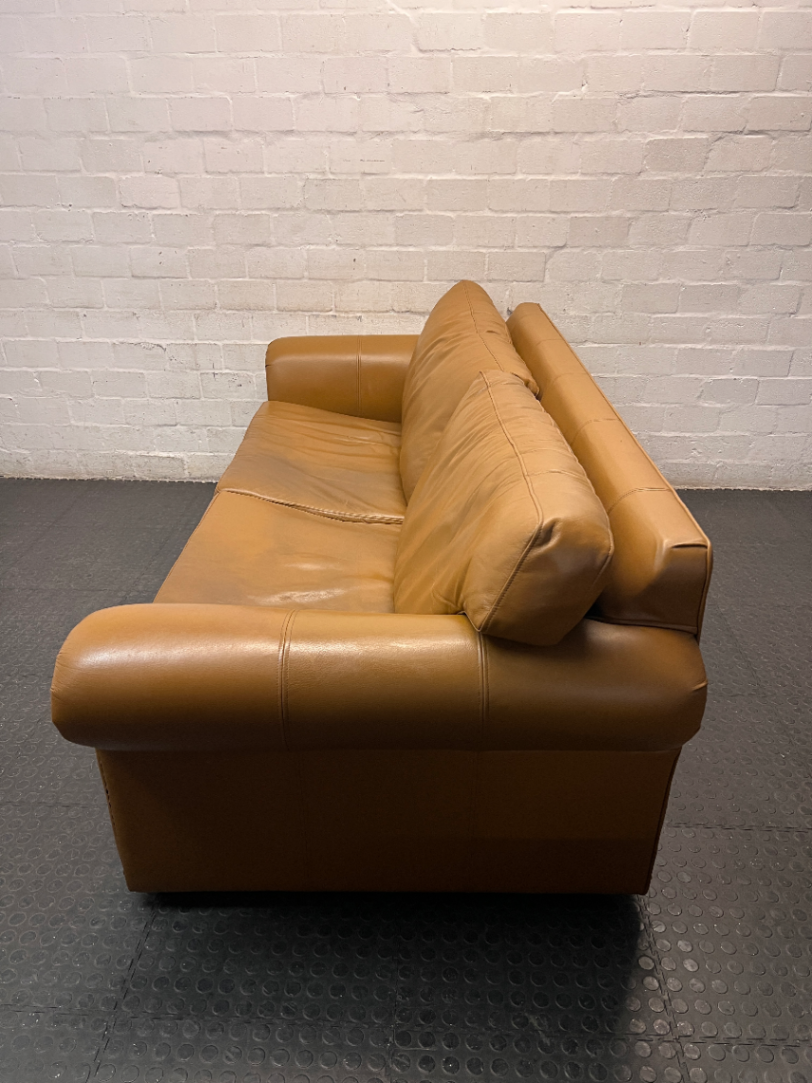 Tan 3 Seater Couch with Scrolled Arms and Stud Detail — Fair Condition
