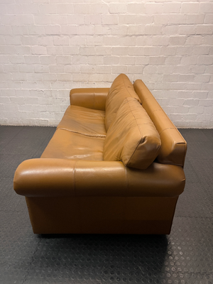 Tan 3 Seater Couch with Scrolled Arms and Stud Detail — Fair Condition