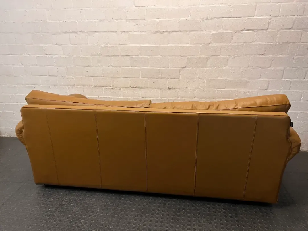 Tan 3 Seater Couch with Scrolled Arms and Stud Detail — Fair Condition