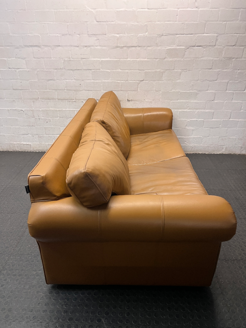 Tan 3 Seater Couch with Scrolled Arms and Stud Detail — Fair Condition