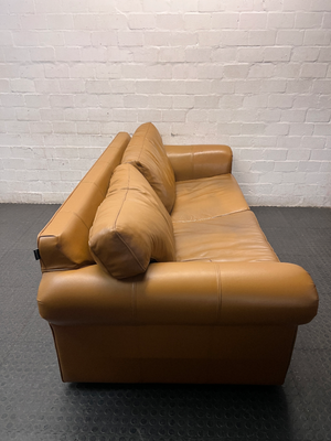 Tan 3 Seater Couch with Scrolled Arms and Stud Detail — Fair Condition