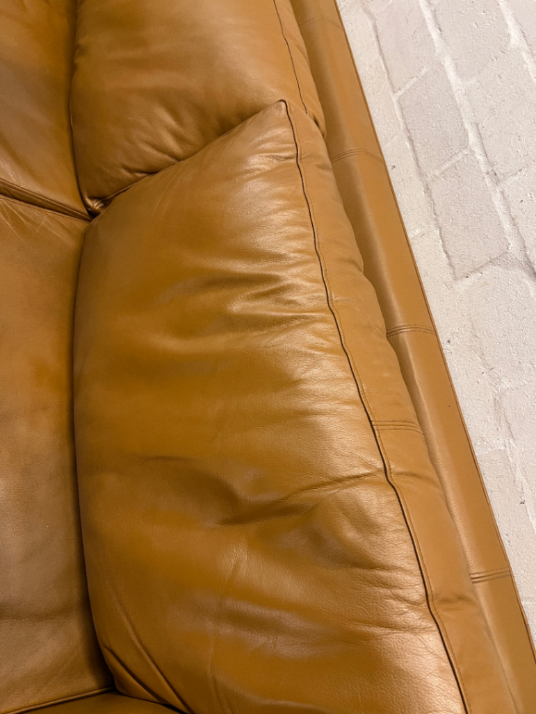 Tan 3 Seater Couch with Scrolled Arms and Stud Detail — Fair Condition