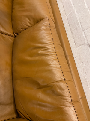 Tan 3 Seater Couch with Scrolled Arms and Stud Detail — Fair Condition