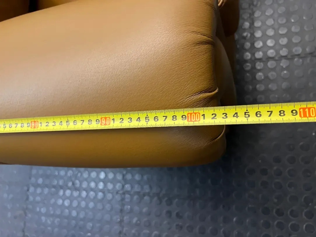 Tan 3 Seater Couch with Scrolled Arms and Stud Detail — Fair Condition