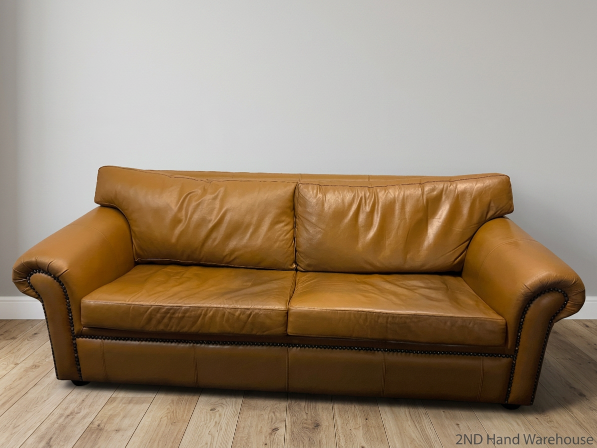 Tan 3 Seater Couch with Scrolled Arms and Stud Detail — Fair Condition
