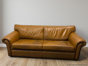 Tan 3 Seater Couch with Scrolled Arms and Stud Detail — Fair Condition