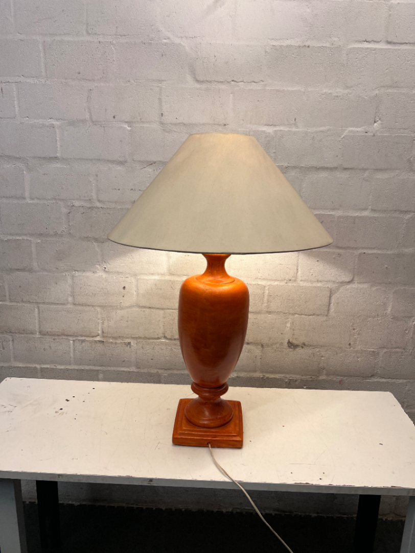 Tan Orange Urn Style Table Lamp with Cream Shade — Visible Wear and Tear