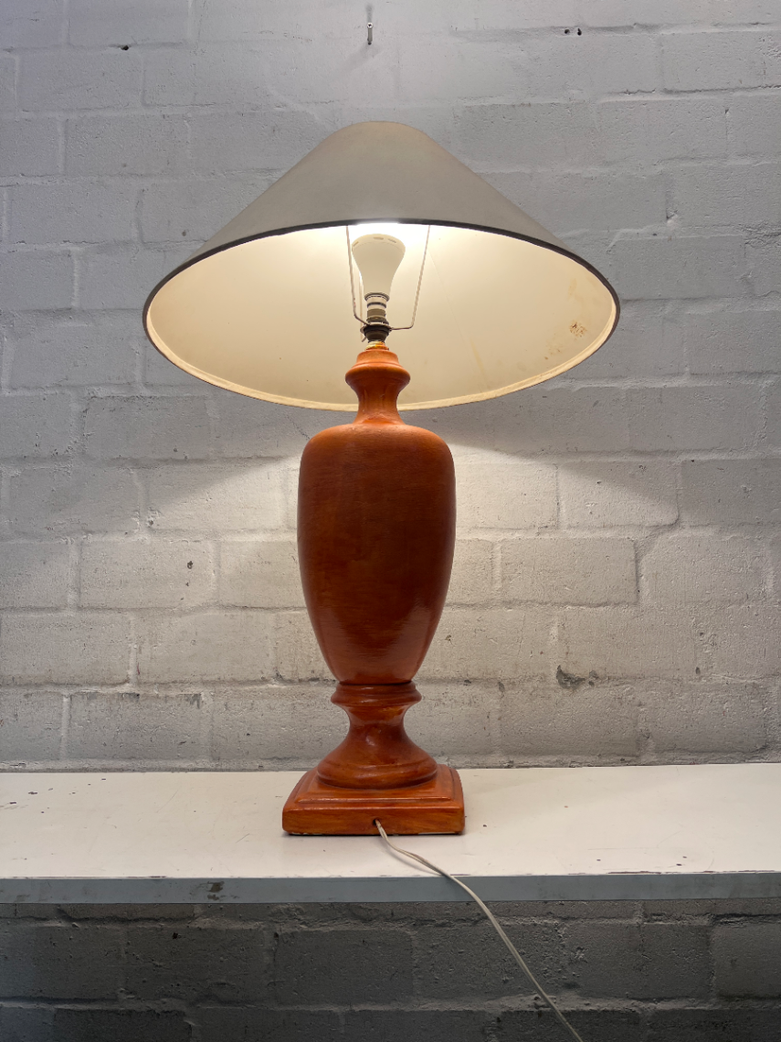 Tan Orange Urn Style Table Lamp with Cream Shade — Visible Wear and Tear
