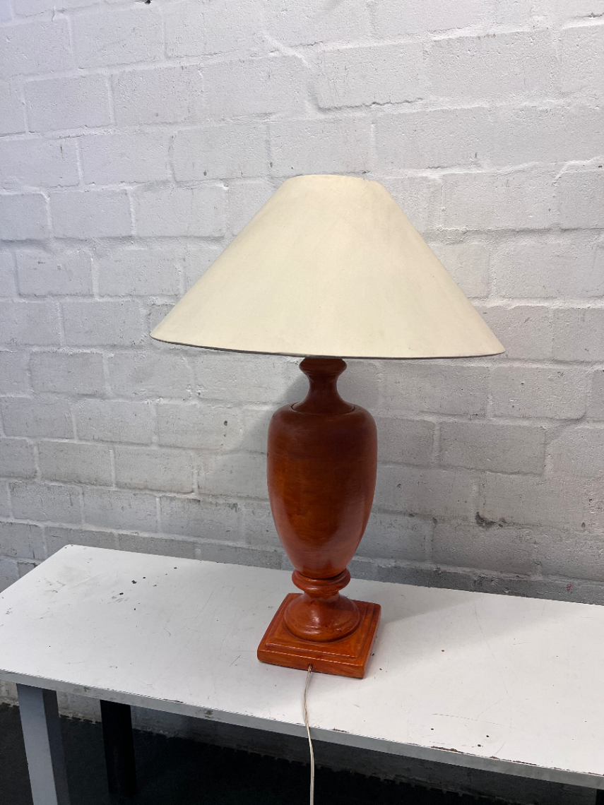 Tan Orange Urn Style Table Lamp with Cream Shade — Visible Wear and Tear